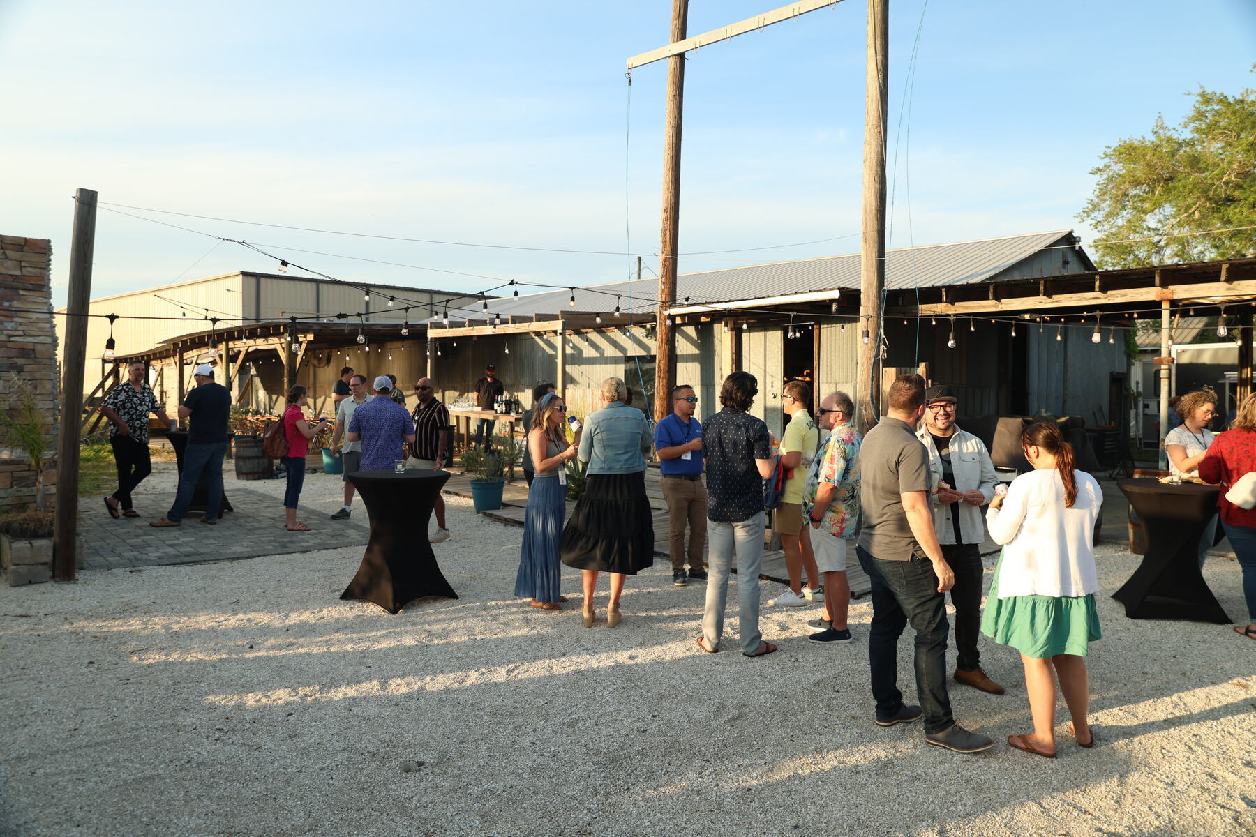 Attendees mingling outdoors at an evening reception under string lights
